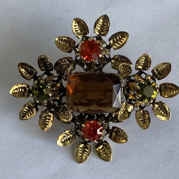 Vintage AMBER Peridot Red Rhinestone Pin Brooch Gold Tone Made AUSTRIA 1.5” - Picture 9 of 12